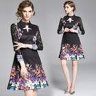 Lace-sleeve Cutout Floral Print A-line Dress