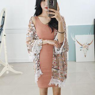 Petite Size Tasseled Printed Chiffon Robe Cardigan
