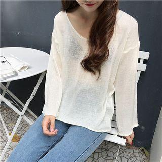 Plain V-neck Loose-fit Knit Top