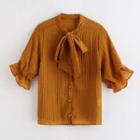 Bell-sleeve Ribbon Tie-neck Blouse