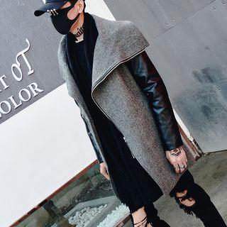 Faux Leather Panel Stand Collar Zip Coat