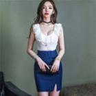 Set: Deep Plunge Sleeveless Lace Top + Side-slit Denim Skirt