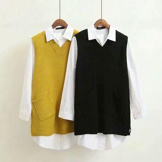 Set: Plain Shirt Dress + Pocketed Knit Vest