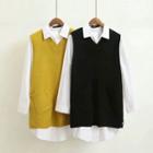 Set: Plain Shirt Dress + Pocketed Knit Vest