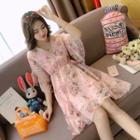 Floral V-neck Elbow-sleeve Mini A-line Dress