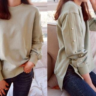 Faux-pearl Trim Slit-hem Sweatshirt