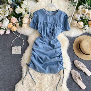 Drawstring Short-sleeve Mini Denim Dress