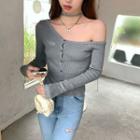 Long-sleeve Off-shoulder Button-up Slim-fit Top