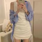 Long-sleeve Slit Lace-up Shirt / Sleeveless Plain Drawstring Dress
