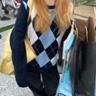 Long-sleeve Argyle Knit Top As Shown In Figure - One Size