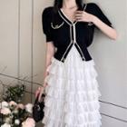 Puff-sleeve Contrast Trim Cardigan / Layered Maxi A-line Skirt