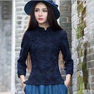 Mandarin Collar Jacquard 3/4-sleeve Top