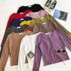 Plain V-neck Single-breasted Long-sleeve Top