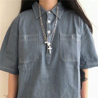 Striped Elbow-sleeve Polo Shirt As Shown In Figure - One Size