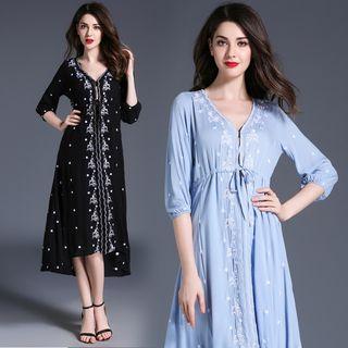 Embroidered V-neck A-line Midi Dress