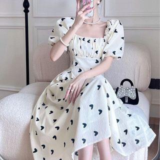 Puff-sleeve Heart Print Midi A-line Dress / Cardigan
