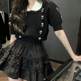 Short-sleeve Floral Embroidered Knit Top / Frill Trim Mini A-line Skirt