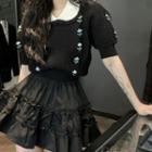 Short-sleeve Floral Embroidered Knit Top / Frill Trim Mini A-line Skirt