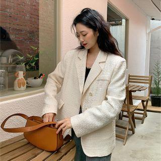 Diagonal-button Tweed Blazer