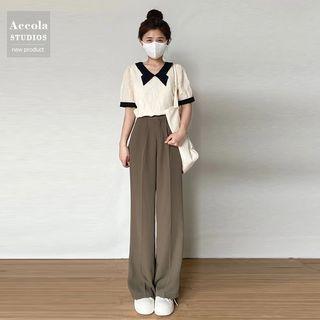 Elbow-sleeve Two-tone Top / High Waist Wide Leg Pants