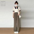 Elbow-sleeve Two-tone Top / High Waist Wide Leg Pants