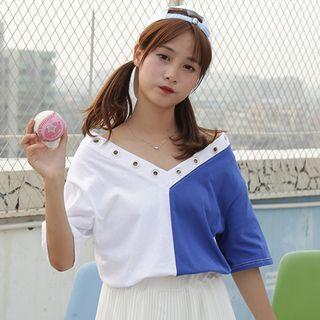 Two-tone V-neck Elbow-sleeve T-shirt