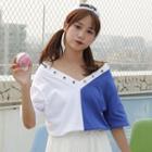 Two-tone V-neck Elbow-sleeve T-shirt