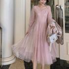 Long-sleeve Rhinestone Midi A-line Mesh Dress