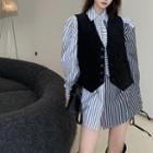 Patchwork Puff-sleeve Striped Long Shirt With Tie / Vest