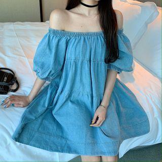 Puff-sleeve Off-shoulder Denim A-line Dress Light Blue - One Size
