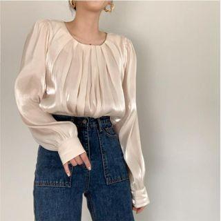 Long-sleeve Silky Blouse Almond - One Size