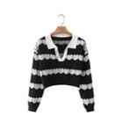 Cropped Open-collar Geometric Pattern Sweater Black - One Size