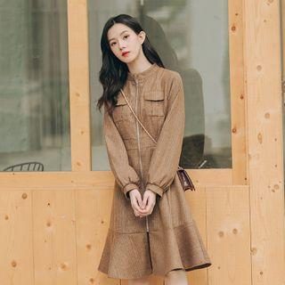 Long-sleeve Plaid Zip Midi Mermaid Dress