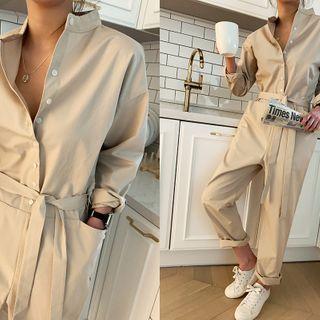 High-collar Shirtwaist Jumpsuit Beige - One Size