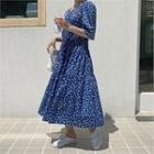 Smocked Tiered Floral Long Dress Blue - One Size