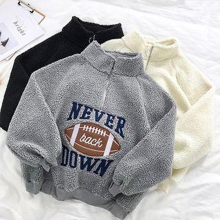 Mock Neck Faux Shearling Embroidered Pullover