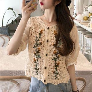 Puff-sleeve Embroidered Crochet Panel Cropped Blouse