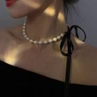 Faux Pearl Ribbon Choker White & Black - One Size