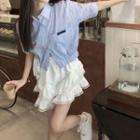 Short-sleeve Striped Crop Shirt / Tiered Mini A-line Skirt