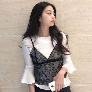 Lace Panel Fluted Elbow-sleeve Top