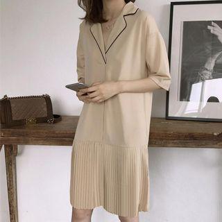 Pleated Hem Elbow Sleeve Shirtdress