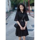 Elbow-sleeve Belted A-line Shirt Dress