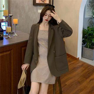 Long-sleeve Blazer + Plaid Spaghetti Strap Dress