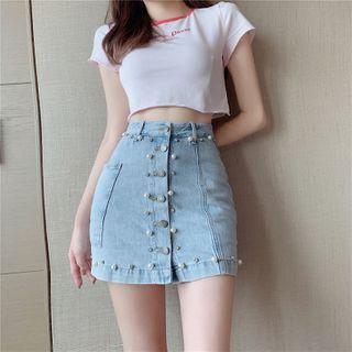 High Waist Pearl Button Denim Skirt
