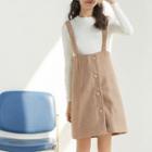 Button-front Mini A-line Suspender Skirt / Long-sleeve Knit Top