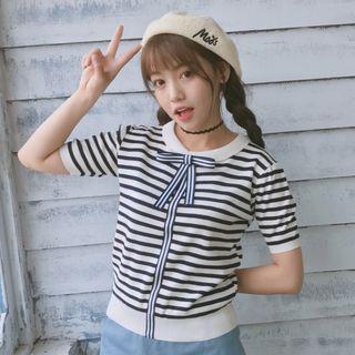 Ribbon Detail Striped Short-sleeve T-shirt