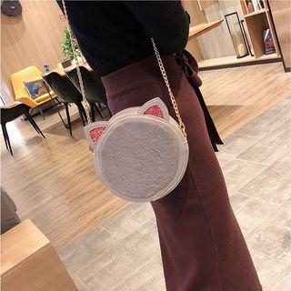 Sequined Cat Ear Faux Leather Round Crossbody Bag