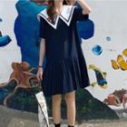 Sailor-collar Pleated Short-sleeve Dress As Shown In Figure - One Size
