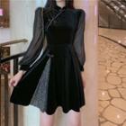 Long-sleeve A-line Mini Qipao Dress Black - One Size