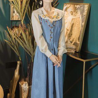Long-sleeve Floral Embroidered Blouse / Midi A-line Denim Pinafore Dress
